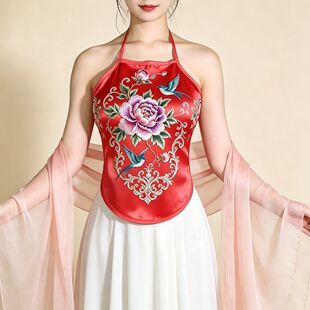 新中式国风牡丹飞鸟印花红肚兜单件女士古风挂脖肚兜性感居家睡衣