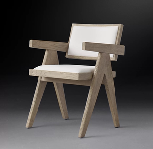 法式乡村复古实木餐椅美国Rh家用扶手椅子现代简约橡木侘寂风吧椅