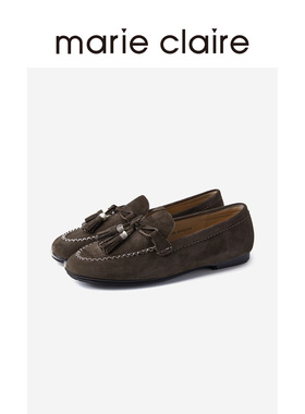 MC女鞋boho流苏乐福鞋2025年秋熔岩生巧棕女皮鞋marieclaire女鞋
