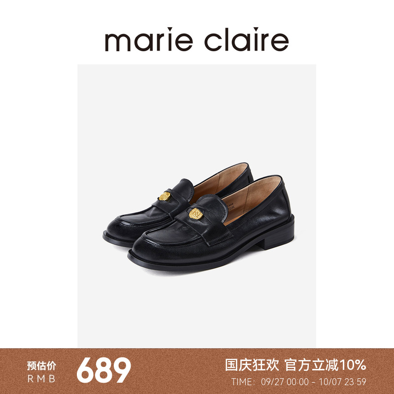 MC女鞋水洗金币乐福鞋2025年秋圆头方跟小皮鞋女marieclaire女鞋
