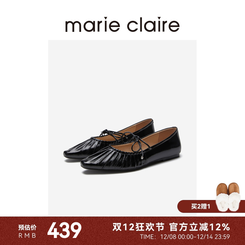 MC女鞋黑色牛油皮平底褶皱系带玛丽珍夏季marieclaire女鞋