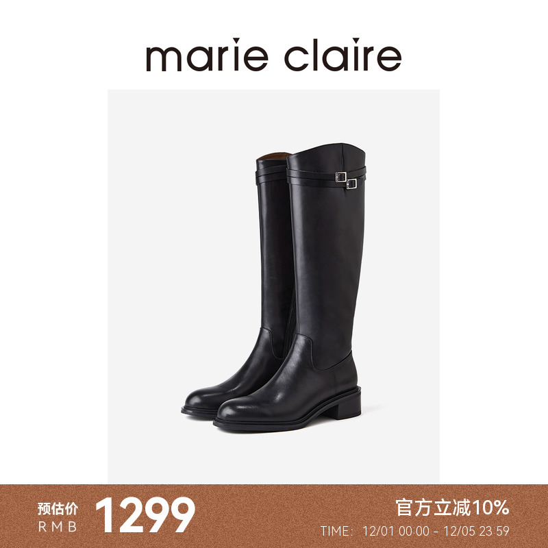 MC女鞋斜口双扣骑士靴2025年冬季新圆头长筒靴marieclaire女皮鞋