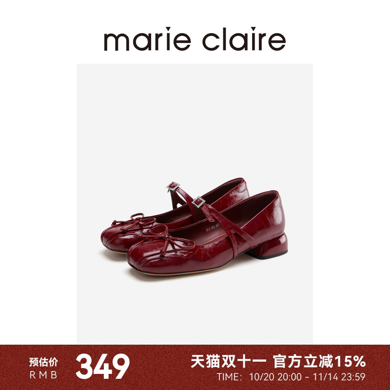 MC女鞋樱桃红牛油皮蝴蝶结方跟复古玛丽珍鞋夏季marieclaire女鞋