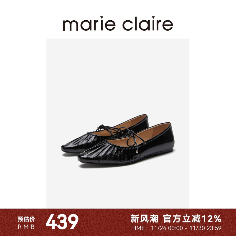 MC女鞋黑色牛油皮平底褶皱系带玛丽珍夏季marieclaire女鞋
