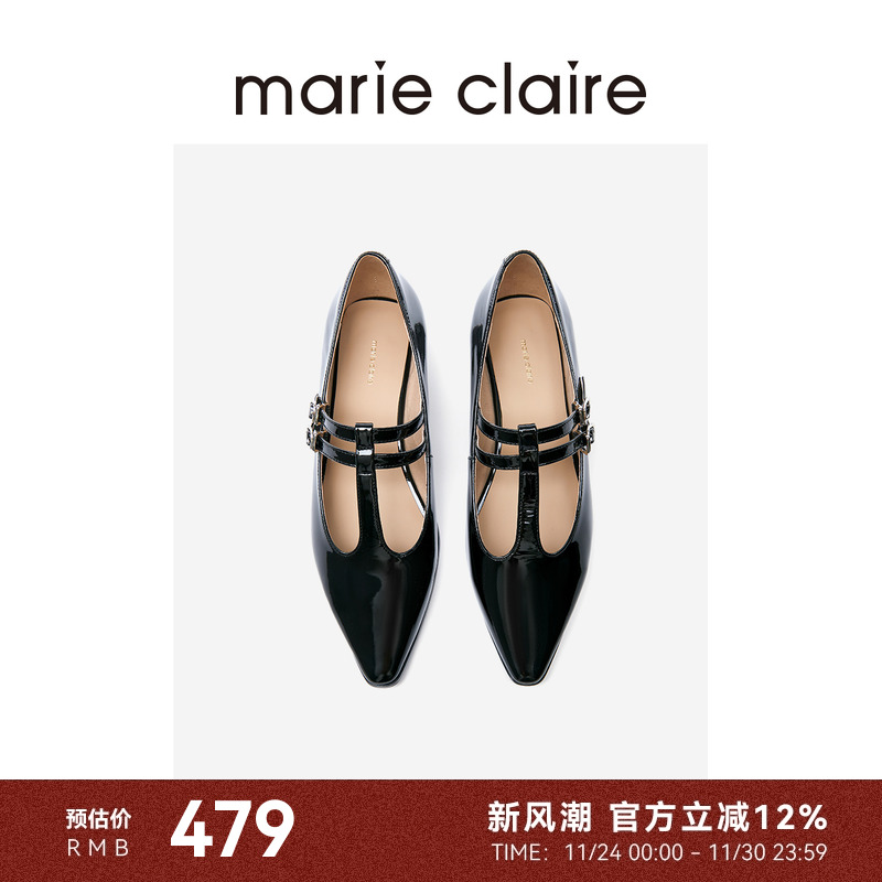 T带尖头时尚漆面玛丽珍鞋单鞋