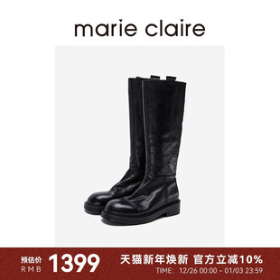 皮鞋 MC女鞋 长靴marieclaire女鞋 复古风基础款 水洗牛皮骑士靴冬季