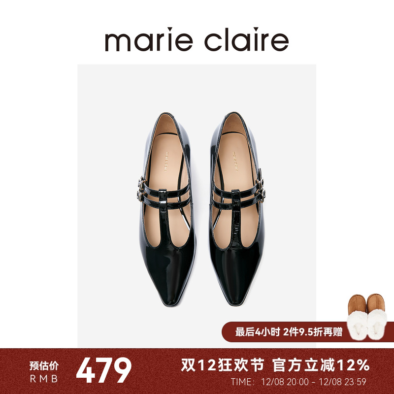 T带尖头时尚漆面玛丽珍鞋单鞋