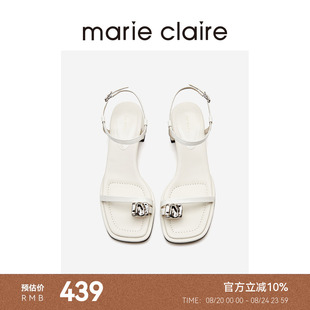 MC女鞋 夹趾凉鞋 夏新款 牛皮一字带方头粗跟marieclaire女鞋