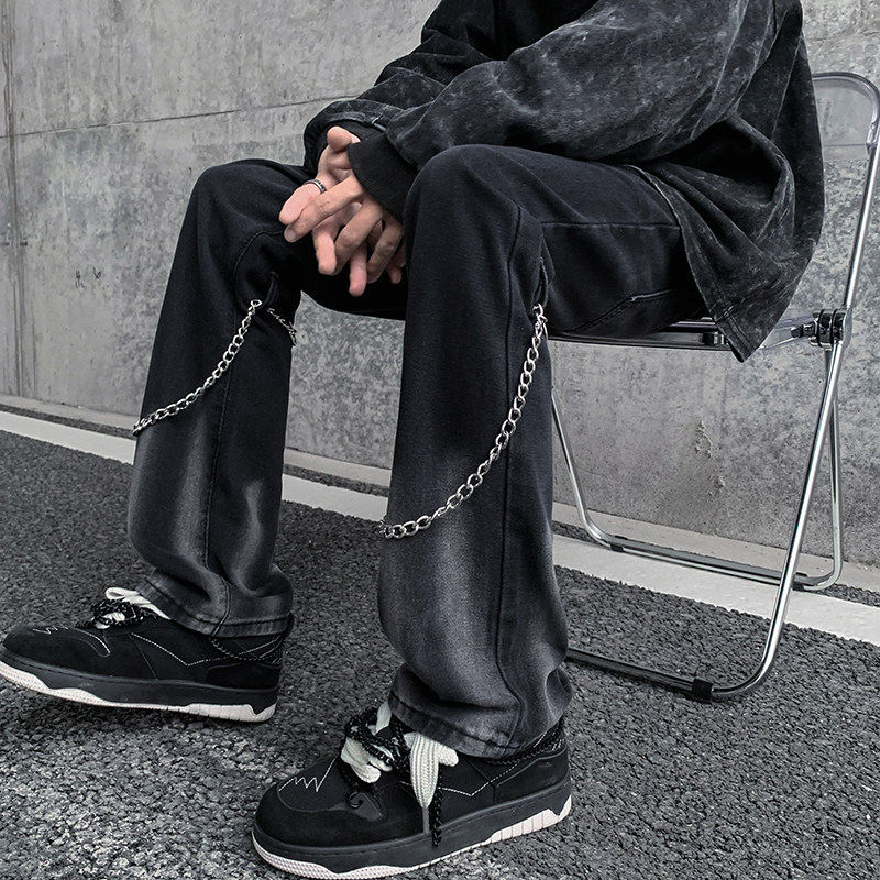 早秋高街vibe黑色扎染设计感链条修身微喇牛仔裤男K880-P55控78,男装牛仔裤,星座205