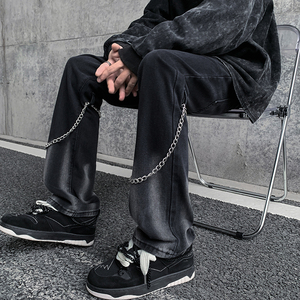 早秋高街vibe黑色扎染设计感链条修身微喇牛仔裤男 K880-P55 控78图片