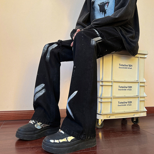 早秋高街美式vibe微喇扎染修身牛仔裤男黑色休闲裤 K883-P55 控78图片