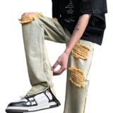 春夏高街vibe修身破洞黄泥染拉链牛仔裤男K822-K823-P55，男装牛仔裤，星座205