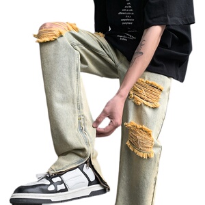 春夏 高街vibe修身破洞黄泥染拉链牛仔裤男 K822-K823-P55图片