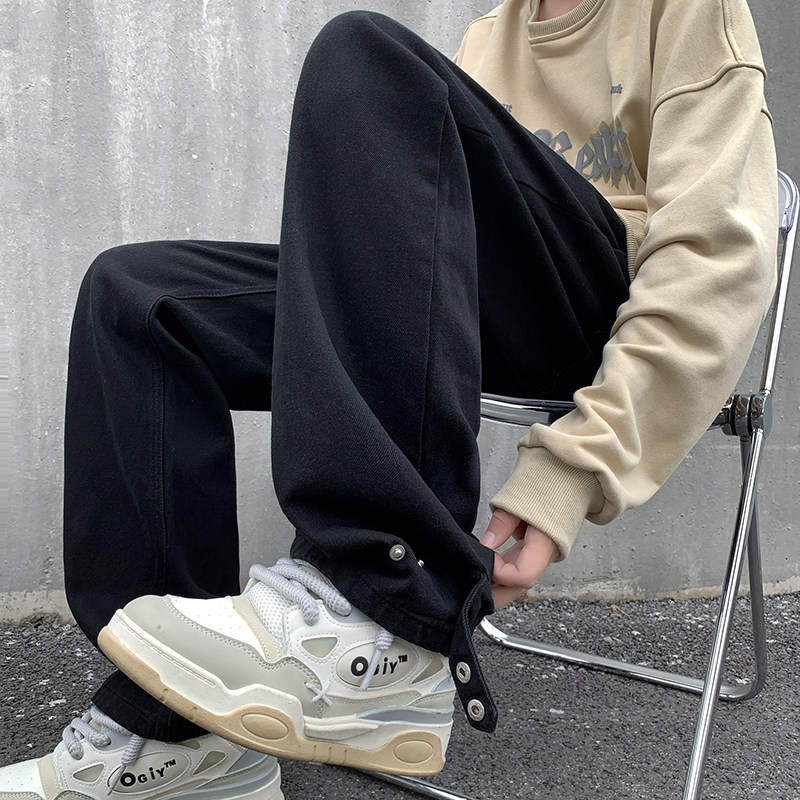 黑色设计款排扣牛仔裤宽松直筒金属扣复古休闲裤男K910-P50,男装牛仔裤,星座205