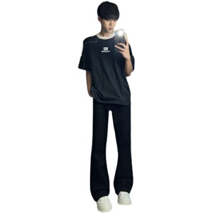 早秋美高街纯黑色弹力修身直筒大码微喇情侣牛仔裤男K860-P50图片