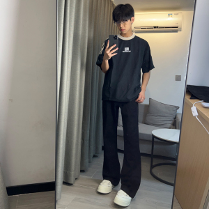 早秋美高街纯黑色弹力修身直筒大码微喇情侣牛仔裤男K860-P50图片