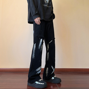 早秋高街美式vibe微喇扎染修身牛仔裤男黑色休闲裤 K883-P55 控78图片