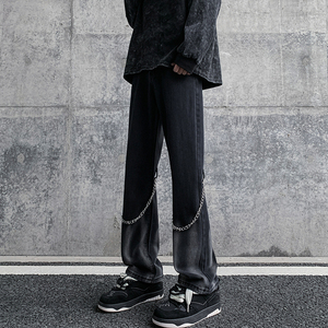早秋高街vibe黑色扎染设计感链条修身微喇牛仔裤男 K880-P55 控78图片