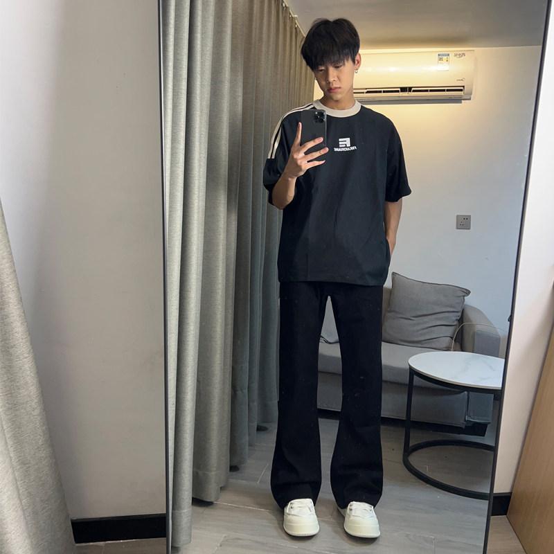 早秋美高街纯黑色弹力修身直筒大码微喇情侣牛仔裤男K860-P50图片