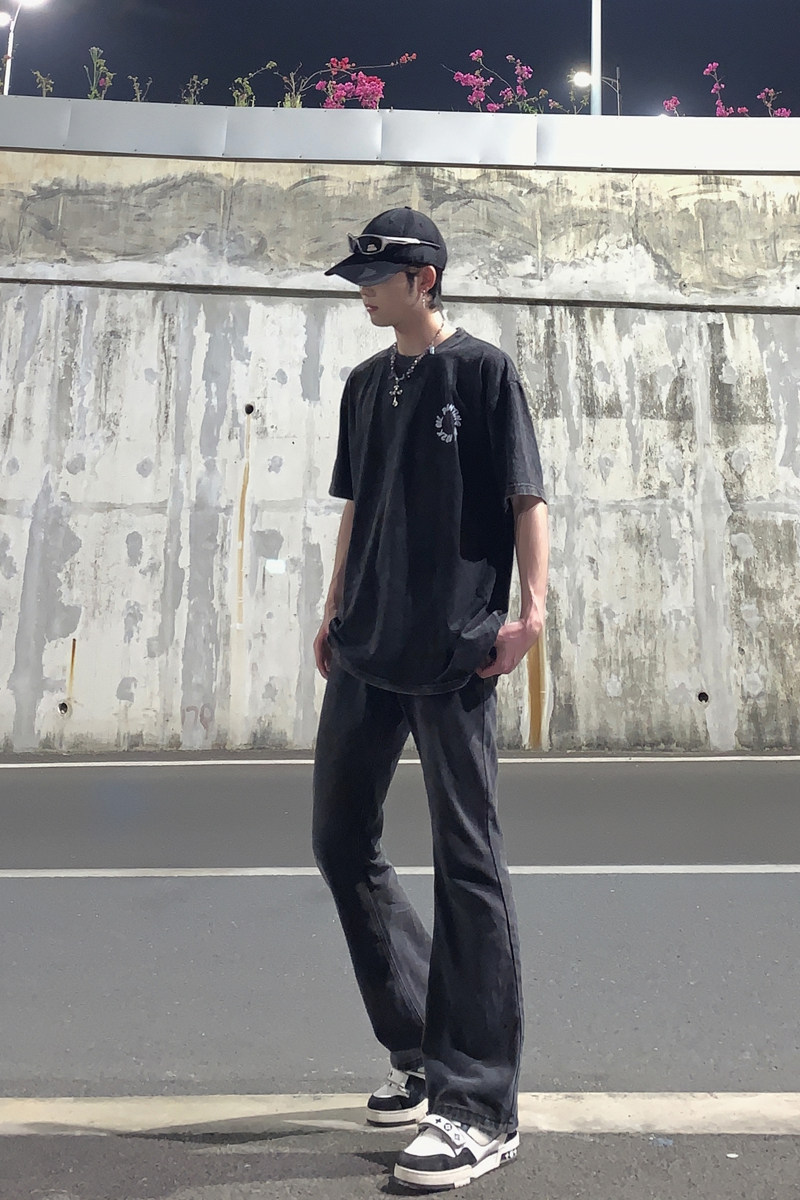 早秋美高街纯黑色弹力修身直筒大码微喇情侣牛仔裤男K860-P50,男装牛仔裤,星座205