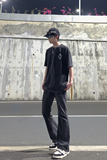早秋美高街纯黑色弹力修身直筒大码微喇情侣牛仔裤男K860-P50，男装牛仔裤，星座205