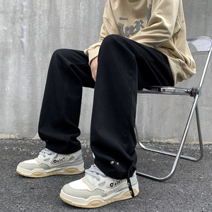 黑色设计款排扣牛仔裤宽松直筒金属扣复古休闲裤男 K910-P50图片