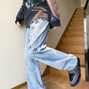 早秋美式高街微喇叭vibe梵文牛仔裤嘻哈宽松百搭休闲裤男K606-P35,早秋应该怎么穿搭图片