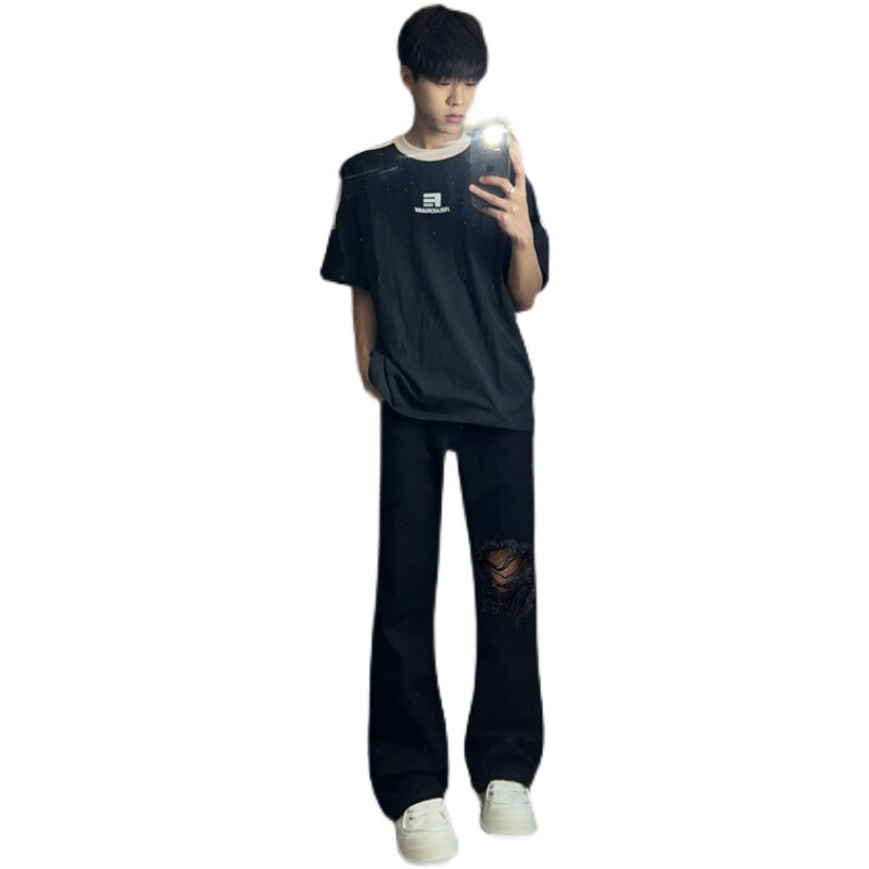 早秋美高街纯黑色弹力修身直筒大码微喇情侣牛仔裤男K860-P50,男装牛仔裤,星座205