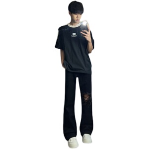 早秋美高街纯黑色弹力修身直筒大码微喇情侣牛仔裤男K860-P50图片