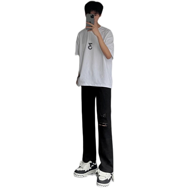 早秋美高街纯黑色弹力修身直筒大码微喇情侣牛仔裤男K860-P50,男装牛仔裤,星座205