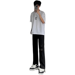 早秋美高街纯黑色弹力修身直筒大码微喇情侣牛仔裤男K860-P50图片