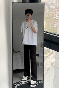 早秋美高街纯黑色弹力修身直筒大码微喇情侣牛仔裤男K860-P50图片