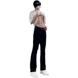 早秋美高街纯黑色弹力修身直筒大码微喇情侣牛仔裤男K860-P50图片