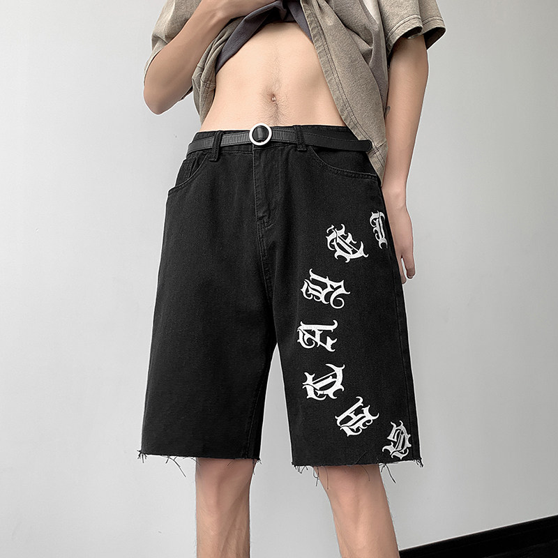 高街欧美涂鸦设计感vibe毛边五分宽松薄款牛仔短裤男K506-P40，男装牛仔裤，星座205