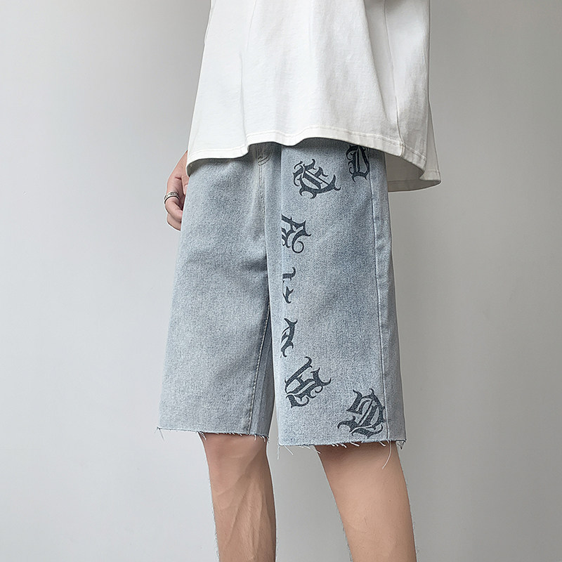 高街欧美涂鸦设计感vibe毛边五分宽松薄款牛仔短裤男K506-P40，男装牛仔裤，星座205