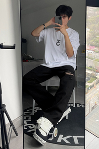 早秋美高街纯黑色弹力修身直筒大码微喇情侣牛仔裤男K860-P50图片
