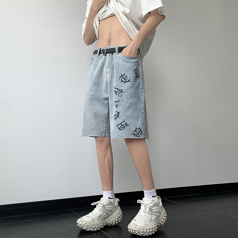 高街欧美涂鸦设计感vibe毛边五分宽松薄款牛仔短裤男K506-P40，男装牛仔裤，星座205