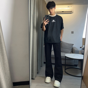 早秋美高街纯黑色弹力修身直筒大码微喇情侣牛仔裤男K860-P50图片