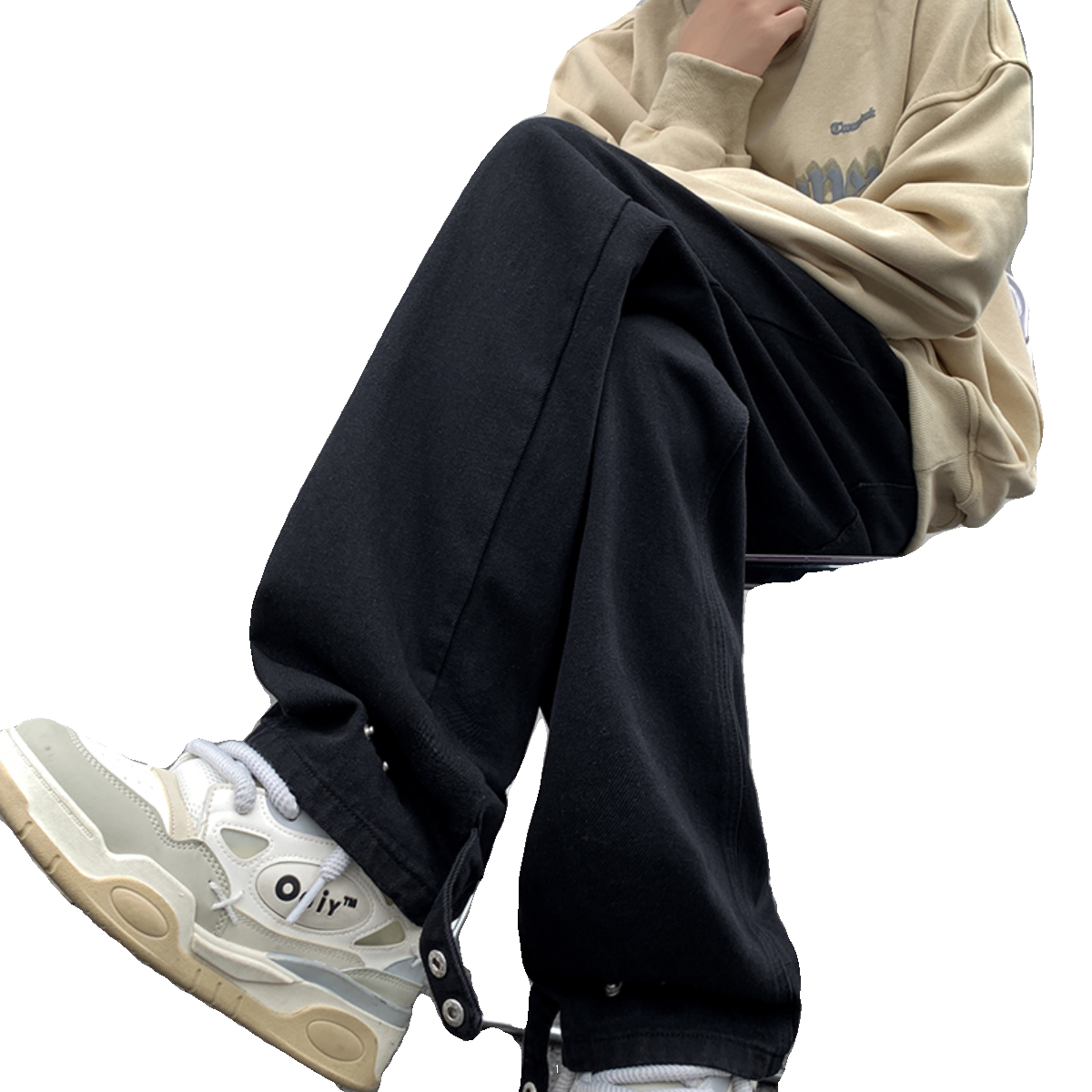 黑色设计款排扣牛仔裤宽松直筒金属扣复古休闲裤男K910-P50,男装牛仔裤,星座205