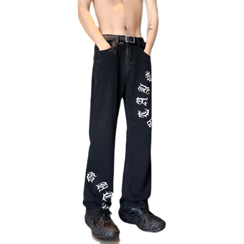 夏季美式高街微喇叭vibe梵文牛仔裤嘻哈宽松百搭休闲裤男K606-P40,男装牛仔裤,星座205