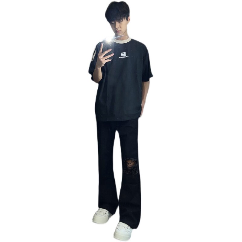 早秋美高街纯黑色弹力修身直筒大码微喇情侣牛仔裤男K860-P50,男装牛仔裤,星座205