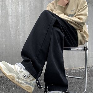 黑色设计款排扣牛仔裤宽松直筒金属扣复古休闲裤男 K910-P50图片