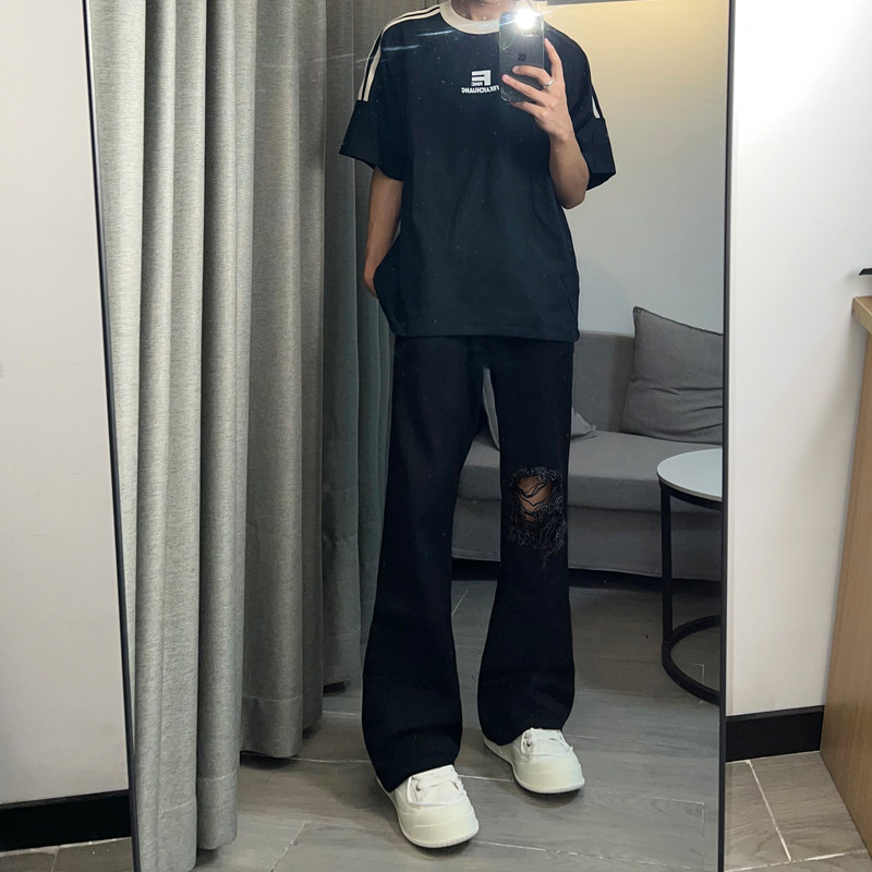 早秋美高街纯黑色弹力修身直筒大码微喇情侣牛仔裤男K860-P50图片