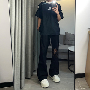 早秋美高街纯黑色弹力修身直筒大码微喇情侣牛仔裤男K860-P50图片