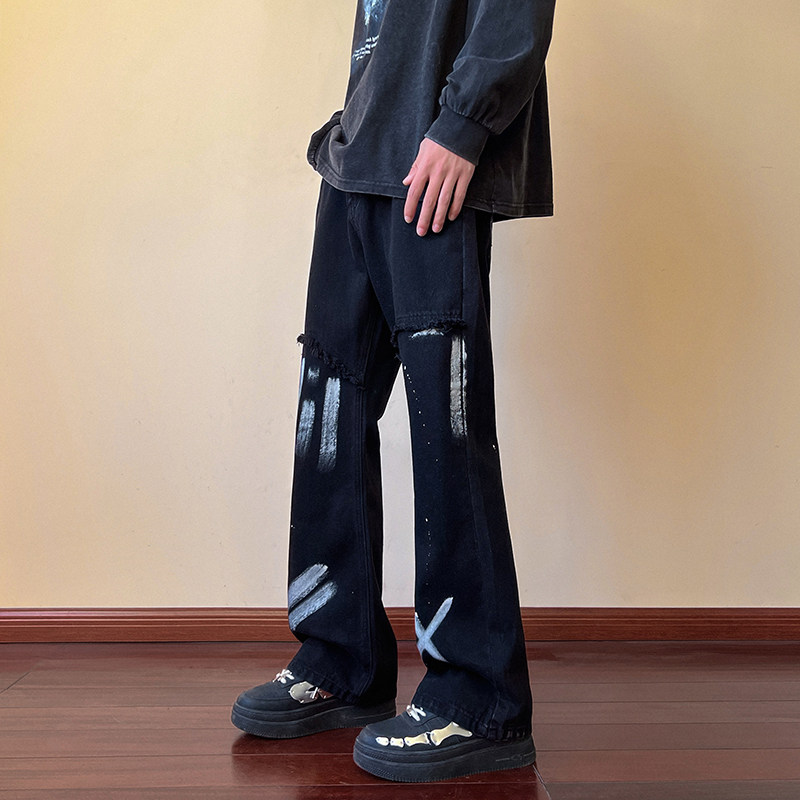 早秋高街美式vibe微喇扎染修身牛仔裤男黑色休闲裤K883-P55控78,男装牛仔裤,星座205