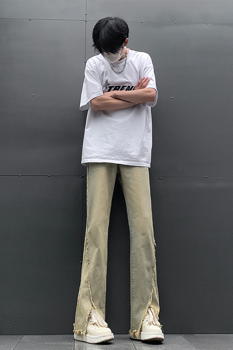 现货早秋黄泥开叉毛边宽松牛仔裤设计感微喇休闲裤男K5803-P55,男装牛仔裤,星座205