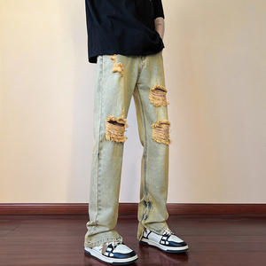 春夏 高街vibe修身破洞黄泥染拉链牛仔裤男 K822-K823-P65 控88图片