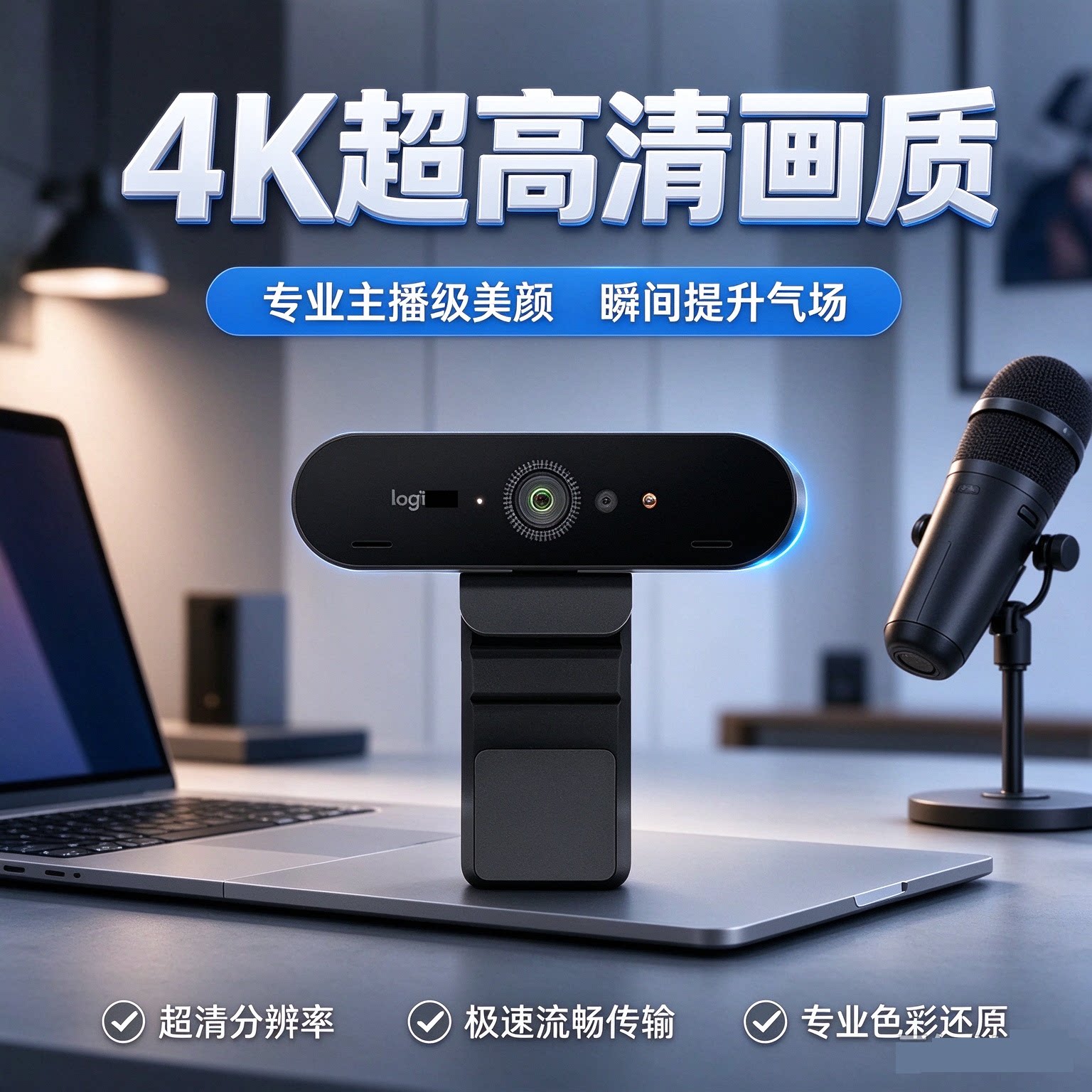 罗技C1000S/E广角超高清摄像头4K适用淘宝直播美颜视频会议双麦克