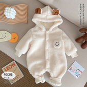 0一2岁新生婴儿羊羔毛笑脸爬服冬季 新品 男女宝宝柔软加绒外出爬服