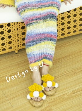 U设计Thailand#Vietnam原创草编凉拖流苏毛球款女款夏季编织拖鞋